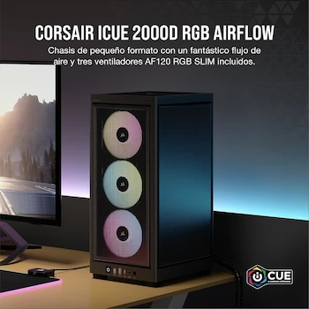 Imagen 2 de Corsair iCUE 2000D RGB Airflow Mini-ITX Carcasa para PC, Negro, Modelo CC-9011246-WW, Dimensiones 200mm x 271mm x 458mm, Soporta Motherboard Mini-ITX, GPU hasta 365mm con 3 Ranuras, Enfriador CPU hasta 165mm, PSU SFX hasta 130mm, 3x Bahías 2.5"