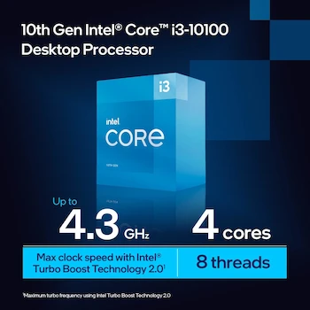 Imagen 3 de Procesador Intel Core i3-10100 para Escritorio (10ma Generación - Comet Lake), 4 Núcleos, 8 Hilos, Frecuencia Base 3.60 GHz, Frecuencia Turbo Máx 4.30 GHz, 6 MB Smart Cache, Socket LGA1200, TDP 65W, Litografía 14nm, Modelo: BX8070110100