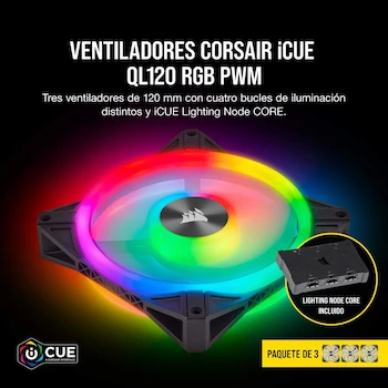 Imagen 3 de Corsair QL Series QL120 RGB 120mm LED Fan Triple Pack Black with Lighting Node Core