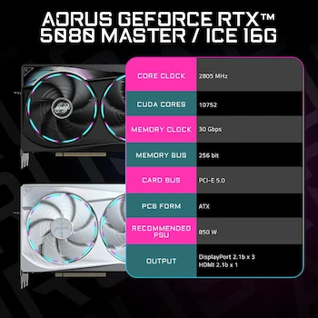 Imagen 2 de GIGABYTE AORUS GeForce RTX 5080 Master 16G Tarjeta de Video 16GB GDDR7 256 bits PCI Express 5.0