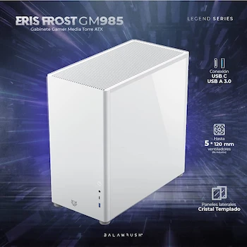 Imagen 3 de Balam Rush Gabinete Gamer Media Torre Eris Frost GM985 MAX MB ATX Laterales Cristal Frente Solido Full Color Box Blanco