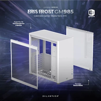 Imagen 4 de Balam Rush Gabinete Gamer Media Torre Eris Frost GM985 MAX MB ATX Laterales Cristal Frente Solido Full Color Box Blanco
