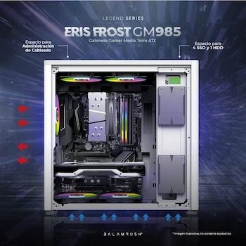 Imagen 5 de Balam Rush Gabinete Gamer Media Torre Eris Frost GM985 MAX MB ATX Laterales Cristal Frente Solido Full Color Box Blanco