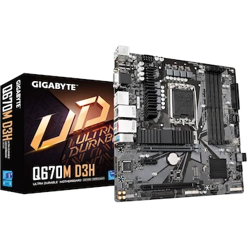 Imagen de referencia para Tarjeta Madre GIGABYTE Q670M D3H, Serie Q670M D3H, Chipset Intel Q670, Socket LGA 1700, Memoria DDR5, Formato MATX, Color Negro, Dimensiones 26.49 x 26.49 x 5.38 cm