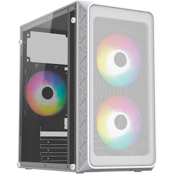 Imagen de referencia para Gabinete Mini Torre Acteck Doom Pro Mesh GI730 / MAX MB M-ATX Fuente ATX 600 W / 1x USB 3.0 + 1x USB 2.0 + 3xFan FRGB 120mm / Panel Izq Cristal Templado + Frente Mesh / Blanco / Dimensiones 191x326x353 mm