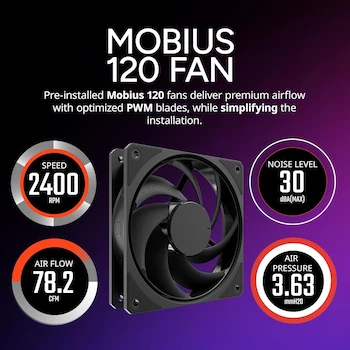 Imagen 5 de Cooler Master MasterLiquid 360 Atmos Stealth - Enfriador Líquido AIO 360mm, Bomba Doble Cámara, Cubierta Personalizada, Mobius 120 PWM, Negro, AMD AM5/AM4, Intel LGA 1851/1700