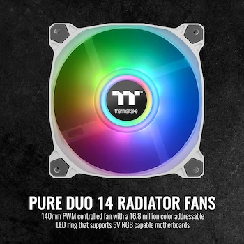 Imagen 2 de Thermaltake Pure Duo 140 mm ARGB White CL-F098-PL14SW-B Ventilador de Caja/Radiador con 2 Anillos de Luz 18 LED Direccionables 9 Aspas Rodamiento Hidráulico (Pack de 2)