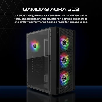 Imagen 2 de GAMDIAS AURA GC2 Negro Torre Media ATX Carcasa para Computadora con Ventana de Vidrio Templado Lateral, Soporta Placas Base ATX/Micro-ATX/Mini-ITX, 7 Ranuras de Expansión, Bahías de Unidad 2x3.5" o (1x2.5"+1x3.5") + 2x2.5", Dimensiones 305x200x430mm