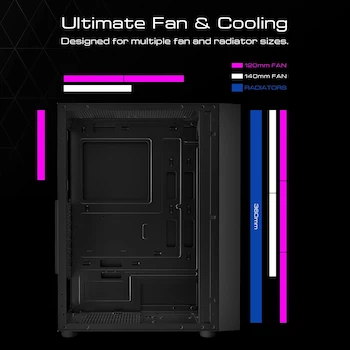 Imagen 3 de GAMDIAS AURA GC2 Negro Torre Media ATX Carcasa para Computadora con Ventana de Vidrio Templado Lateral, Soporta Placas Base ATX/Micro-ATX/Mini-ITX, 7 Ranuras de Expansión, Bahías de Unidad 2x3.5" o (1x2.5"+1x3.5") + 2x2.5", Dimensiones 305x200x430mm