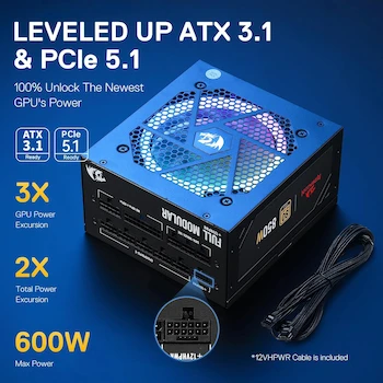 Imagen 4 de Redragon RGPS-850W 80+ Gold 850W ATX 3.0 PCIe 5.0 Fuente de Alimentación Totalmente Modular Ventilador RGB Smart Eco Compacta 160mm