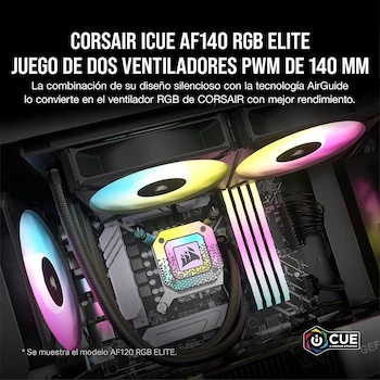 Imagen 2 de Corsair iCUE AF140 RGB ELITE Kit de Dos Ventiladores PWM 140 mm - Ocho LED RGB por Ventilador - Negro - Incluye Controlador iCUE Lighting Node CORE
