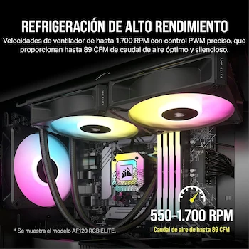 Imagen 3 de Corsair iCUE AF140 RGB ELITE Kit de Dos Ventiladores PWM 140 mm - Ocho LED RGB por Ventilador - Negro - Incluye Controlador iCUE Lighting Node CORE