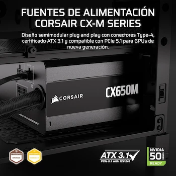 Imagen 2 de Corsair CX650M (2025) Fuente de Alimentación Semimodular ATX 3.1 PCIe 5.1 650W con Cable Nativo 12V-2x6 Cybenetics Bronze Negro