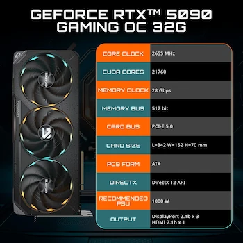 Imagen 2 de GIGABYTE GeForce RTX 5090 Gaming OC 32G GV-N5090GAMING OC-32GD, 32GB GDDR7 512-bit, Negro