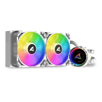 Imagen alusiva al producto Sharkoon S80 Blanco RGB AIO, Modelo SHA-S80 RGB AIO WT, Radiador de 240 mm, Dimensiones 27.2 cm x 12.1 cm x 2.75 cm, Peso 1.5 kg