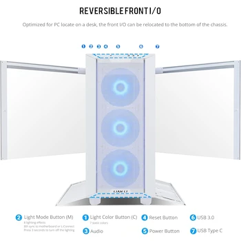 Imagen 3 de Lian Li Lancool III RGB White ATX Mid-Tower PC Case with 3x140mm ARGB Front Fans and 1x140mm Rear Fan, Tempered Glass Panels, Aluminum Handles, Model LANCOOL 3R-W, Dimensions 526(D) x 238(W) x 523(H) mm