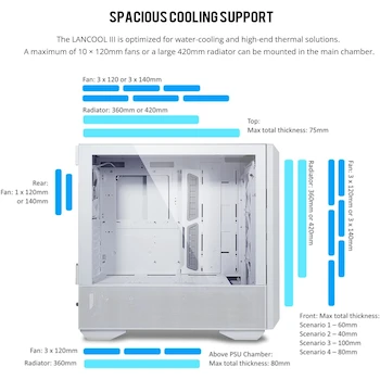 Imagen 5 de Lian Li Lancool III RGB White ATX Mid-Tower PC Case with 3x140mm ARGB Front Fans and 1x140mm Rear Fan, Tempered Glass Panels, Aluminum Handles, Model LANCOOL 3R-W, Dimensions 526(D) x 238(W) x 523(H) mm
