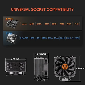 Imagen 2 de ARESGAME Enfriador de Aire para CPU, Modelo 03, Color Negro, Compatible con Intel LGA775/1150/1151/1155/1156/1200/1366/2011/2011-3/2066 y AMD AM4/AM3/AM3+/AM2/AM2+/FM2+/FM2/FM1, Ventilador 120 mm, 5 Tubos de Calor, Dimensiones 120x83x160 mm