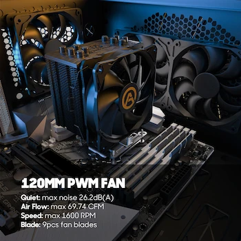 Imagen 5 de ARESGAME Enfriador de Aire para CPU, Modelo 03, Color Negro, Compatible con Intel LGA775/1150/1151/1155/1156/1200/1366/2011/2011-3/2066 y AMD AM4/AM3/AM3+/AM2/AM2+/FM2+/FM2/FM1, Ventilador 120 mm, 5 Tubos de Calor, Dimensiones 120x83x160 mm