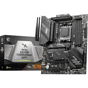 Imagen de referencia para Placa Base MSI MAG X670E Tomahawk WiFi, Color Negro con Acentos Blancos, Serie MAG, Modelo X670E Tomahawk WiFi, Chipset AMD X670E, Socket AM5, Formato ATX, Dimensiones 305 x 244 mm, Capacidad Máxima de Memoria 256GB