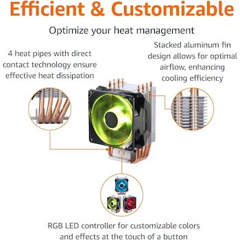 Imagen 3 de Amazon Basics - Enfriador de Aire para CPU con Tecnología Cooler Master, 4 Tubos de Calor, Ventilador RGB LED PWM de 92mm, Aletas de Aluminio, Modelo Compacto