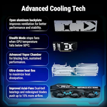 Imagen 2 de PNY NVIDIA GeForce RTX 5080 OC Triple Ventilador Tarjeta Gráfica 16GB GDDR7 Negra