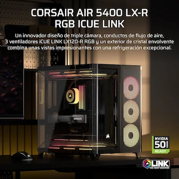 Imagen 2 de Corsair AIR 5400 LX-R RGB iCUE LINK Caja para PC Semitorre Mid-Tower Triple Cámara Panorámica con 3 Ventiladores LX-R RGB Reverse-Rotor Preinstalados - Negro