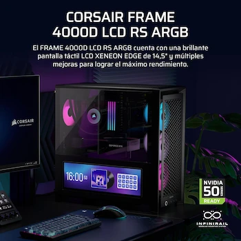 Imagen 2 de Corsair Frame 4000D LCD RS ARGB Chasis para PC Modular ATX Semitorre – Pantalla Táctil LCD XENEON Edge, Sistema de Montaje de InfiniRail, 4 Ventiladores RS120 ARGB PWM – Negro