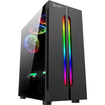 Imagen de referencia para Stylos XZCGB03B Gabinete Básico para PC con Panel de Cristal Templado, 3 Ventiladores RGB de 120mm, Color Negro, Dimensiones 50x25x47 cm, Compatible con ATX/Micro ATX/Mini ITX, Capacidad 3x2.5" SSD y 2x3.5" HDD, 7 Ranuras PCI