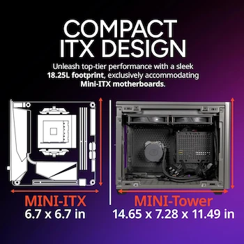 Imagen de referencia para Cooler Master NR200P MAX V2 Mini-ITX Funda para PC, Modelo NR200PV2-MCNN85-SL0, Color Negro/Gris, Dimensiones 37.69 x 18.49 x 29.18 cm, Factor de Forma Mini-ITX, Serie NR200P MAX, Material Metal y Vidrio Templado