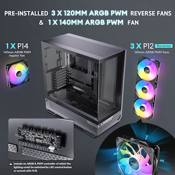 Imagen 5 de Antec C7 ARGB Black Mid-Tower E-ATX Case, RTX 40 GPU Support, 4 Ventiladores ARGB PWM Incluidos (3x120mm + 1x140mm), Paneles de Vidrio Templado Frontal y Lateral