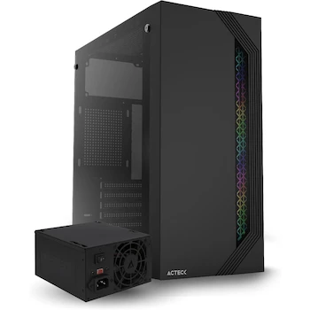 Imagen alusiva al producto Acteck Gabinete Media Torre Viken GM434 / MAX MB ATX Fuente ATX 500 W / 2xUSB 2.0 + 1xFan / Panel Izq Cristal + Frente Solido RGB Vertical/Negro