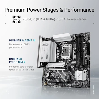 Imagen 3 de ASUS Prime B860M-A WiFi Blanco Mainboard Socket Intel LGA 1851, Chipset Intel B860, Formato mATX, Modelo 90MB1JY0-M0EAY0, Serie Prime, Capacidad Máxima de Memoria 256 GB, Dimensiones 24.4 x 24.4 x 5 cm, Peso 800 g