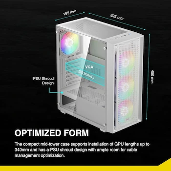 Imagen 3 de GAMDIAS AURA GC2 E WH A - Carcasa para Computadora Gaming Mid Tower ATX con Panel Lateral de Vidrio Templado, Color Blanco, Serie Aura, Tamaño Media Torre, Capacidad para Placas Base ATX, Micro ATX, Mini ITX