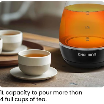 Imagen 2 de Chefman Tetera Eléctrica de Vidrio Borosilicato con Infusor de Té, Modelo RJ11-10-GMRL-TI, Color Negro, Capacidad 1 Litro, Dimensiones 7.68 x 5.66 x 7.8 Pulgadas