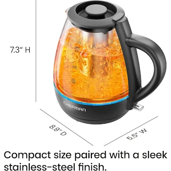 Imagen 3 de Chefman Tetera Eléctrica de Vidrio Borosilicato con Infusor de Té, Modelo RJ11-10-GMRL-TI, Color Negro, Capacidad 1 Litro, Dimensiones 7.68 x 5.66 x 7.8 Pulgadas
