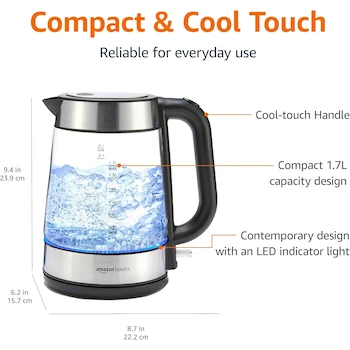 Imagen 3 de Amazon Basics Hervidor Eléctrico de Vidrio y Acero Inoxidable para Té y Café, Capacidad 1.7 Litros, Color Negro y Plateado, 1.7L