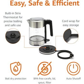 Imagen 4 de Amazon Basics Hervidor Eléctrico de Vidrio y Acero Inoxidable para Té y Café, Capacidad 1.7 Litros, Color Negro y Plateado, 1.7L