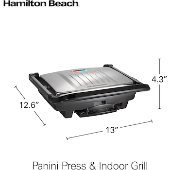 Imagen 2 de Hamilton Beach 25410 Panini Press, Sandwich Maker & Electric Indoor Grill, Acero Inoxidable, Superficie de Cocción 95 pulgadas²