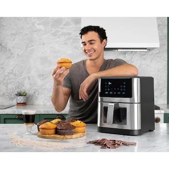 Imagen 2 de Hukën x MasterChef Freidora de Aire Multifuncional Easy-View 8L con Ventana de Supervisión, Panel Touch Doble Pantalla LED, Diseño e Interior de Acero Inoxidable