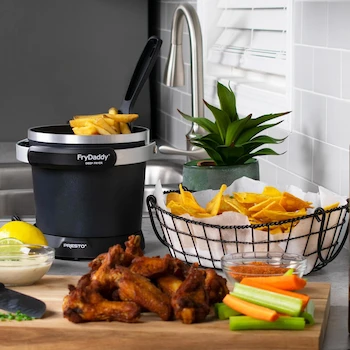 Imagen 2 de Presto 05420 FryDaddy Freidora Eléctrica Negra, Serie FryDaddy, Modelo 05420, Color Negro, Capacidad para Cuatro Porciones con 4 Tazas de Aceite, Tamaño Compacto 21.3 x 20.7 x 18.7 cm, Marca Presto, Material Cerámica y Aluminio Fundido