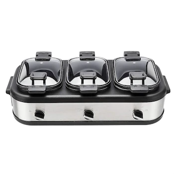 Imagen alusiva al producto Amazon Basics Olla de Cocción Lenta Triple de Acero Inoxidable Cepillado 3 x 2.5 Cuartos de Galón (aprox. 2.8L cada una)