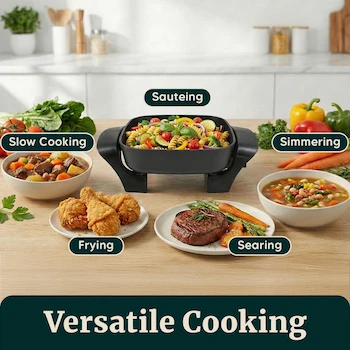 Imagen 3 de Elite Gourmet EG808 - Sartén Eléctrica Negra de 8 x 8 x 2 Pulgadas con Tapa Ventilada de Vidrio Templado, 600 W, Peso 3.4 Libras, Dimensiones 8 x 8 x 4 Pulgadas