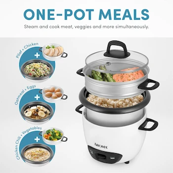 Imagen 4 de Aroma ARC-743-1NG Arrocera y Vaporizador de Alimentos, 3 Tazas (Sin Cocinar) / 6 Tazas (Cocinado), Blanco, Paquete de 1