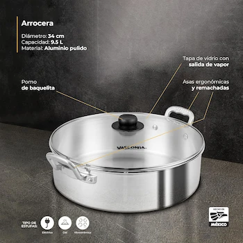 Imagen 2 de Vasconia 4007275 Brasero de Aluminio Color Plata con Tapa de Vidrio, Tamaño Grande 13.3 Pulgadas, Dimensiones 38.1 x 30.48 x 25.4 cm