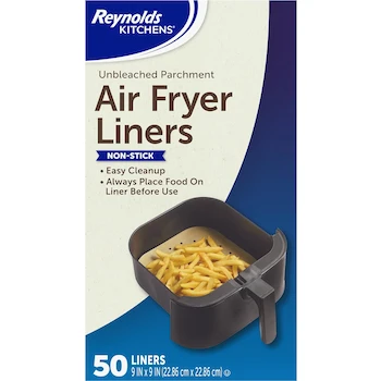Imagen 1 de Reynolds Kitchens Forros de Freidora de Aire Desechables, Hojas de Papel Pergamino sin Blanquear, 9 x 9 pulgadas, 50 Unidades