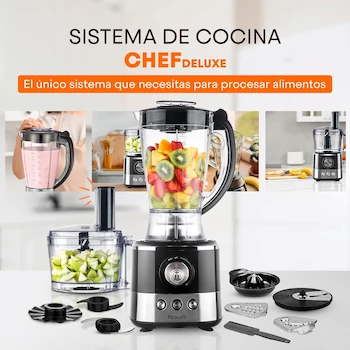 Imagen 2 de Hukën x MasterChef Sistema de Cocina Chef Deluxe, Modelo MK-BSY-650, Color Negro, Acabados de Acero Inoxidable, Capacidad Jarra Licuadora 1.75L, Tazón Procesador 1.2L, Dimensiones 19x19x44 cm