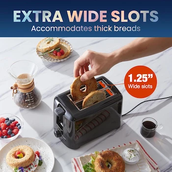 Imagen 4 de Elite Gourmet ECT1027B Tostador Negro de 2 Rebanadas con Ranuras Extra Anchas de 1.25 Pulgadas, Dimensiones 5.75 x 9.25 x 6.25 Pulgadas