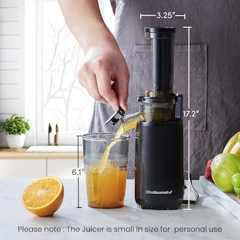 Imagen 2 de Elite Gourmet EJX600 - Exprimidor Lento de Masticación Compacto y Pequeño que Ahorra Espacio, Extractor de Jugo Prensado en Frío, Color: Gris Carbón, Capacidad de Taza: 16 Onzas, Tamaño: 8.3 cm Ancho x 8.3 cm Profundidad x 30.5 cm Alto
