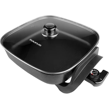 Imagen alusiva al producto TAURUS ODISEO | Sartén Eléctrico Negro | Rectangular | 2.5 Litros | 30 cm | Altura 16 cm | Tapa de Vidrio Refractario | Recetario Incluido